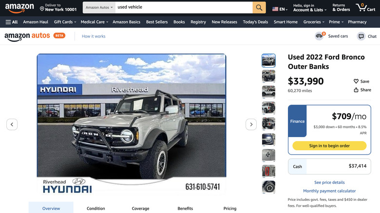 A 2022 Ford Bronco listed on Amazon Autos