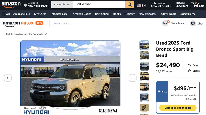 A listing for a Ford Bronco Sport on Amazon Autos