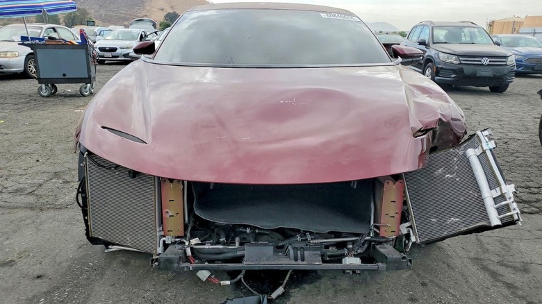 Front view of a wrecked custom 2023 Lucid Air converted into a coupe for former owner Shaquille O'Neal
