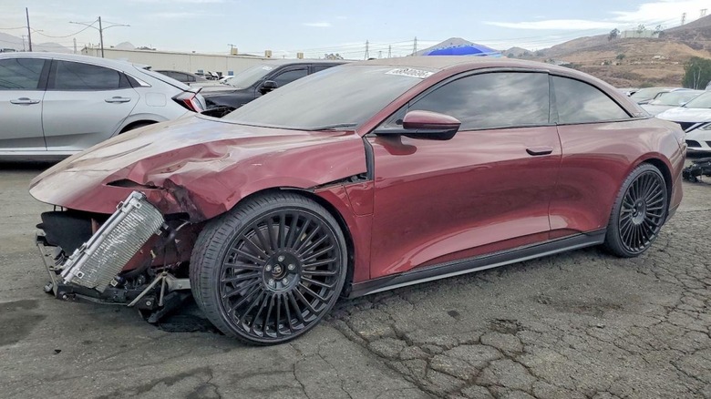 Front 3/4 view of a wrecked custom 2023 Lucid Air converted into a coupe for former owner Shaquille O'Neal