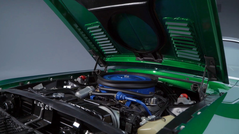 Engine bay of 1968 Ford Mustang Green Hornet