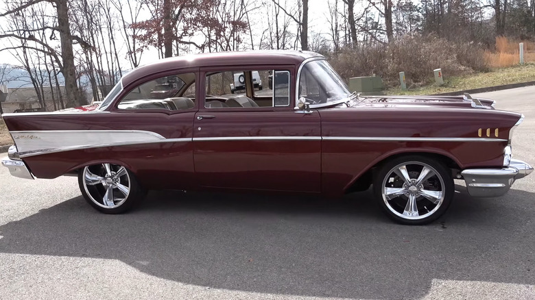 Side view of a modified 1957 Chevrolet Bel Air hot rod