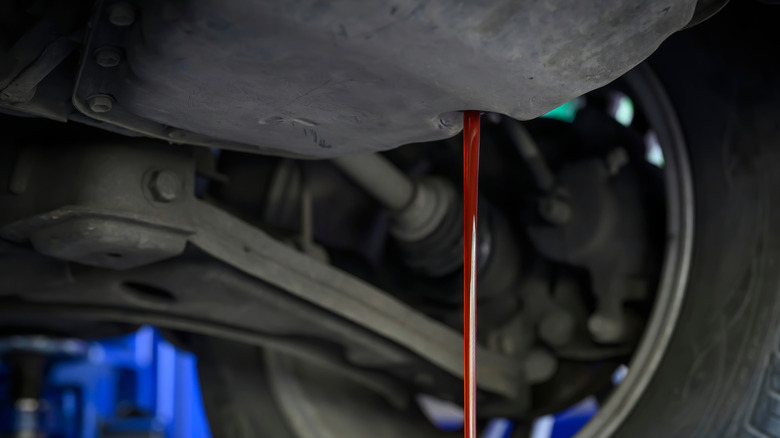 A mechanic draining the automatic transmission fluid from a car on a lift