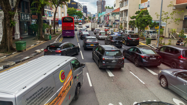 Traffic on a busy street in Singapore