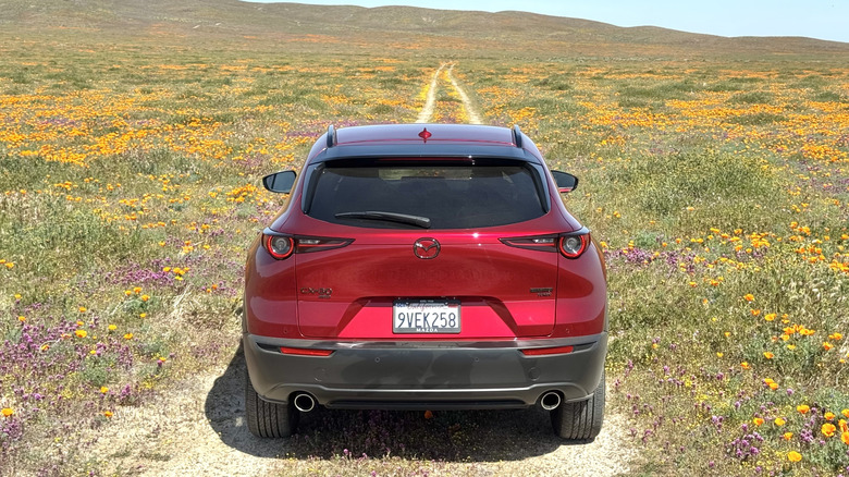 A rear shot of the red CX-30 parked on a dirt trail in the mdidle of a massive golden poppy field and a blue sky