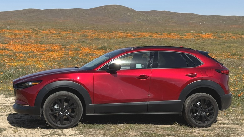 A side view of the red CX-30 parked on dirt in front of a vast field of golden California Poppies and a blue sky