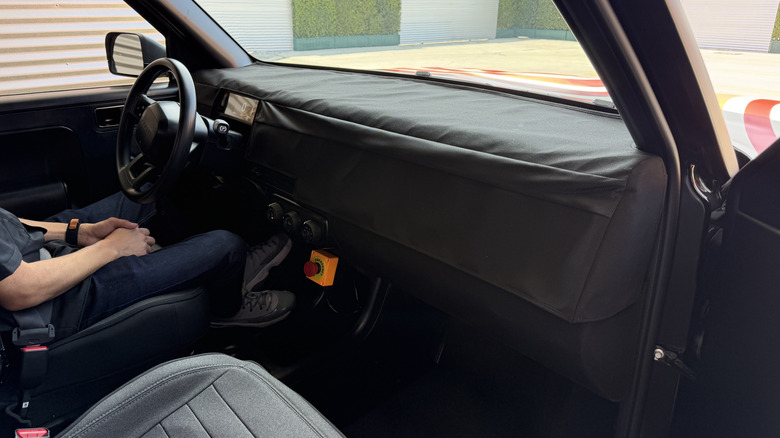 Covered-up dashboard on the interior of a Slate truck prototype