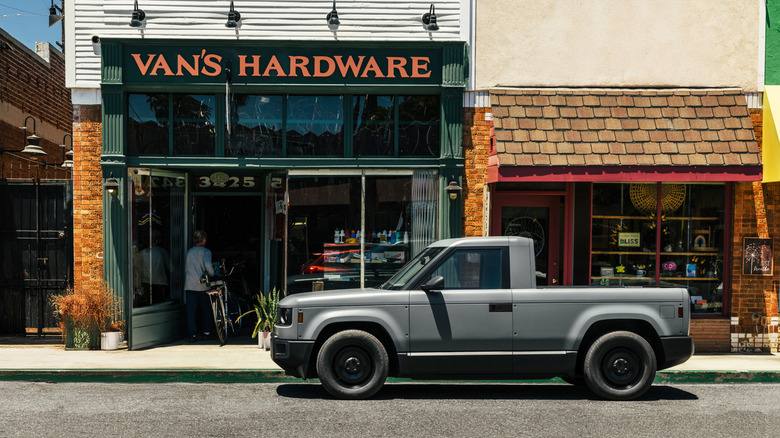 The gray Slate truck outside a hardware store