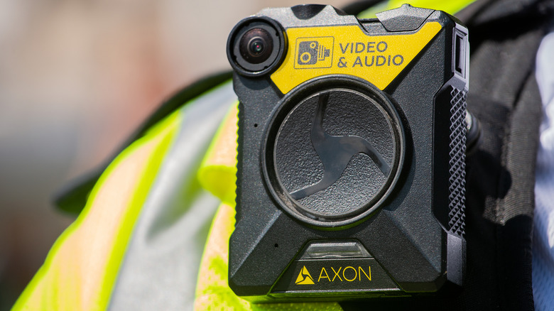 Close of Axon body cam on police officer