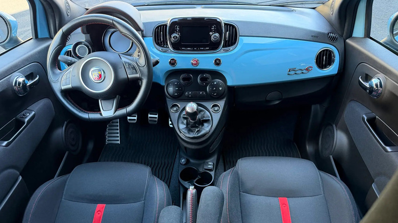 An overhead shot looking into the light blue 500C's dashboard