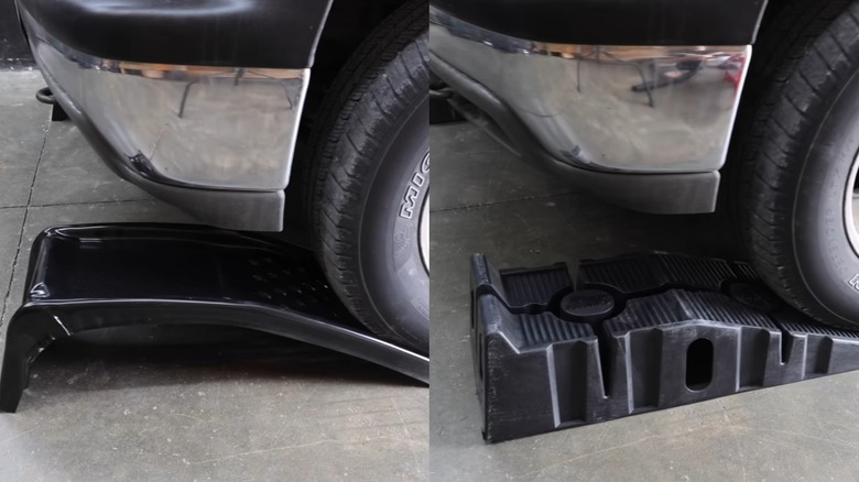 Split image of a vehicle driving up a steel wheel ramp and a plastic wheel ramp