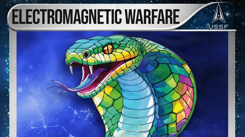 The card art for Space Force electromagnetic warfare names, a multicolored cobra in space
