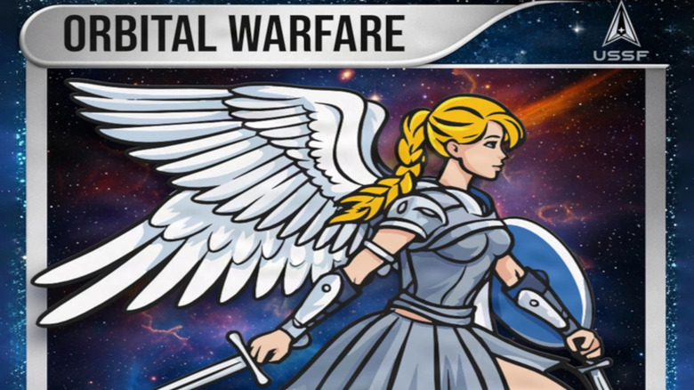 The card art for Space Force orbital warfare names, a Norse battle angel in space