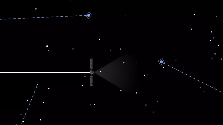 Rendering of the star tracker system on a Starlink satellite detecting other objects in orbit