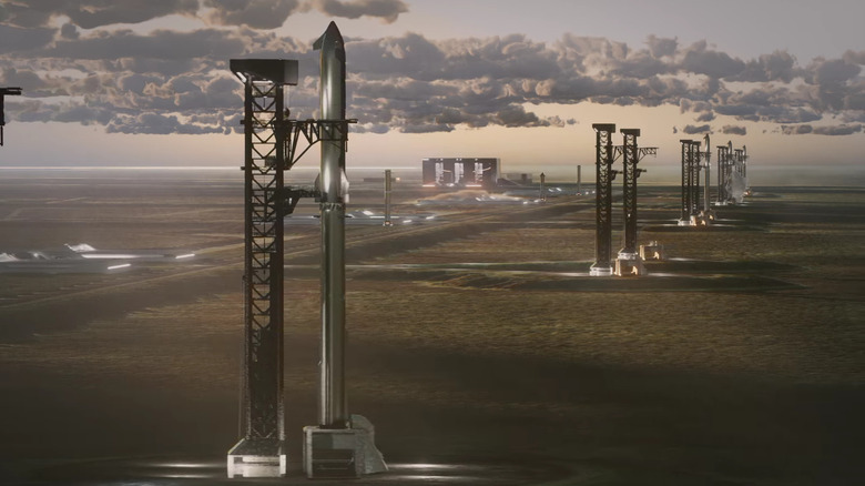 Artist's rendering of the completed Starbase, Louisiana spaceport with Starships lined up for launch