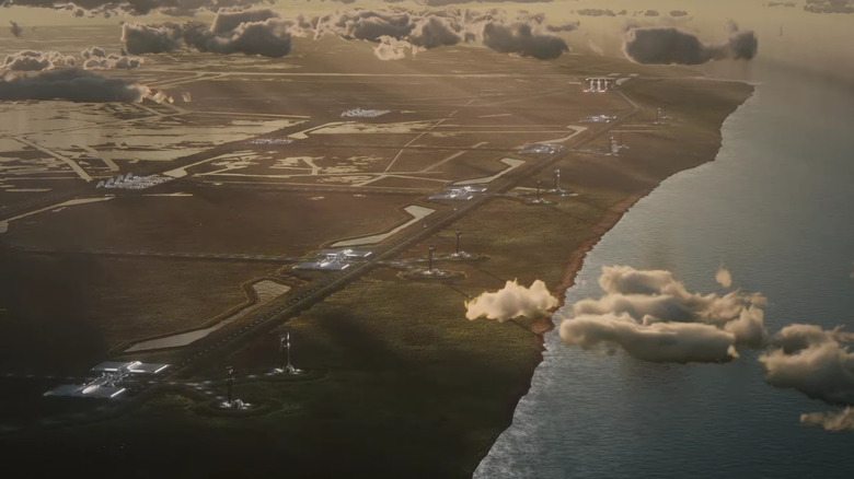 Artist's rendering of an aerial shot over Starbase, Louisiana once it is fully complete