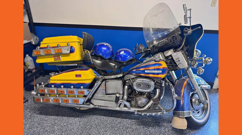 A Coney Island-style blue and yellow Harley Davidson