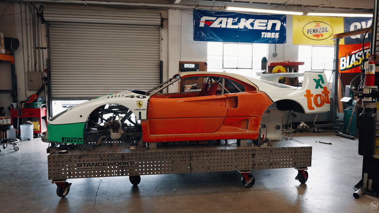 F40 bodywork mockup on a chassis table