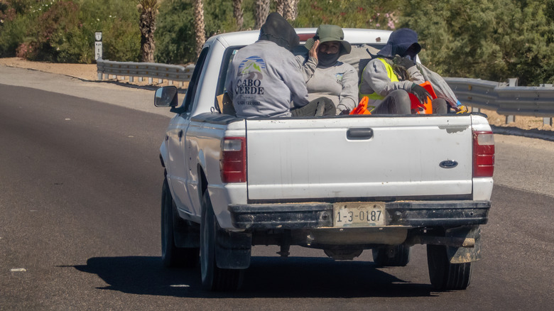 Workers riding at the back of the pickup bed.