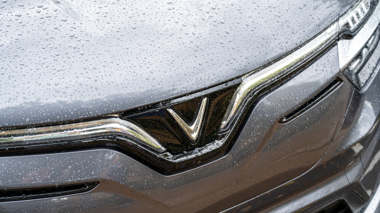 Close-up of the front grille of a vehicle with Vinfast logo emblem visible, Newport Beach, California, December 24, 2025.
