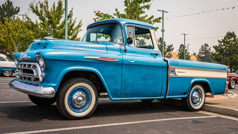 1957 Chevrolet Task Force Cameo Carrier pickup truck at a local car show.