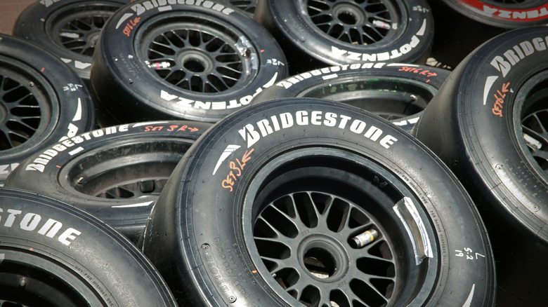 Stacks of Bridgestone tires at the Long Beach Grand Prix