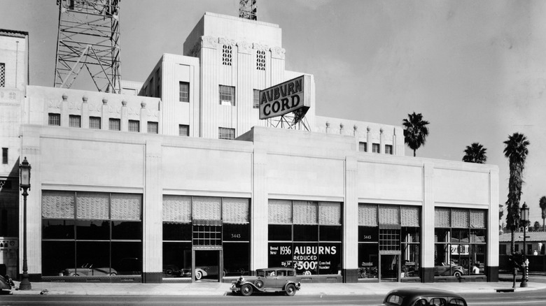 Auburn and Cord car showroom, USA, 1936. Auburn and Cord epitomised style and luxury in American motoring in the 1920s and 1930s, but by 1937 had gone out of business, victims of the Depression.