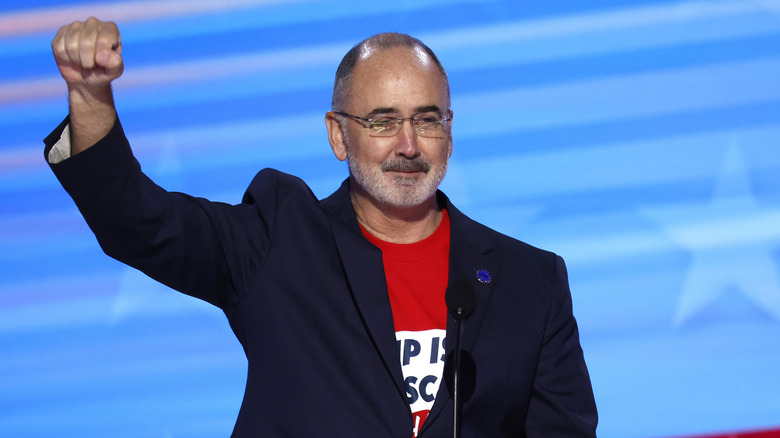 United Auto Workers President Shawn Fain speaks onstage during the first day of the Democratic National Convention at the United Center on August 19, 2024 in Chicago, Illinois.