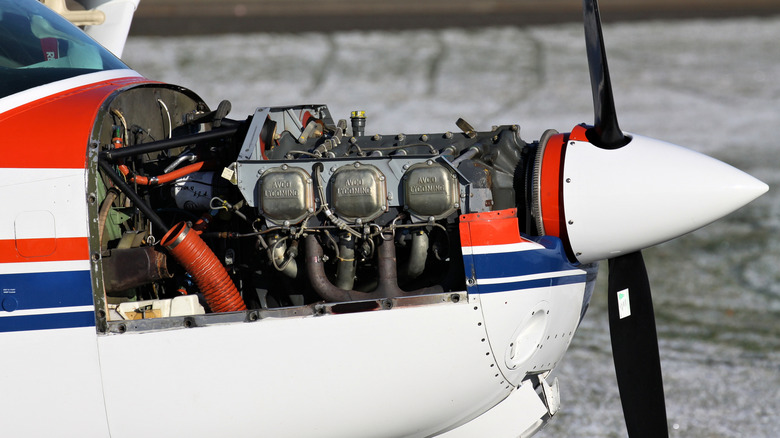 Six-cylinder Lycoming aero engine in the nose of a light aircraft