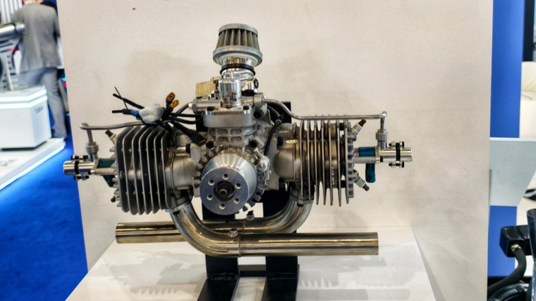 Horizontally opposed aircraft engine at a trade show