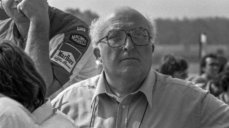 A black and white photo of former Ferrari and Alfa Romeo engine designer, Carlo Chiti