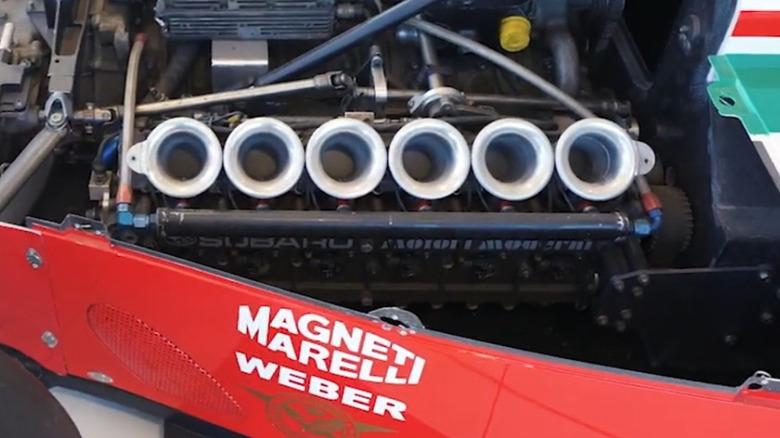A closeup of the Subaru/Motori Moderni flat-12 Formula 1 engine inside a Subaru-Coloni race car.