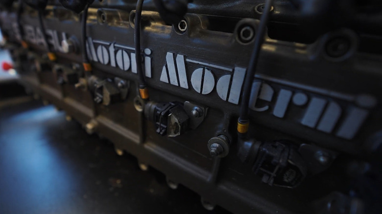 A closeup of the cylinder head of the Subaru/Motor Moderni 1235 flat-12 Formula 1 engine