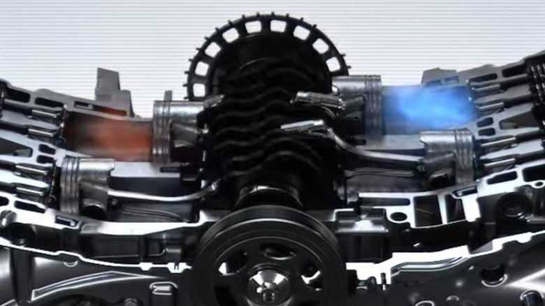 A closeup of a Subaru boxer four-cylinder engine, showing that the pistons each have their own crankpins