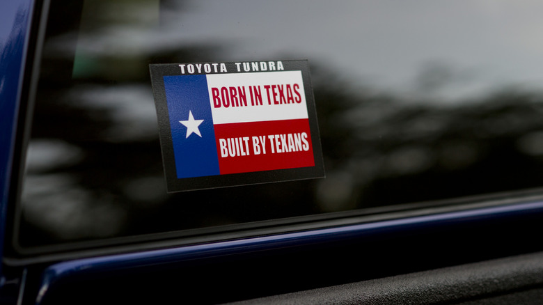 A bumper sticker connected nan caller Toyota Tundra sounds "Born successful Texas - Built by Texans" astatine nan Toyota "Hello Texas" arena connected October 27, 2014 successful Plano, Texas.