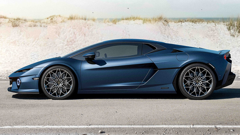 A blue Lamborghini Temerario on a road in daytime