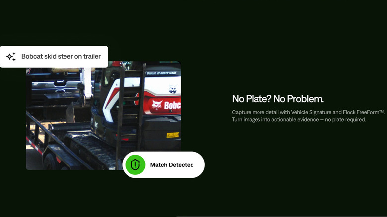 Screenshot from Flock's site talking about Vehicle Signature and Flock FreeForm services. It reads "No Plate? No Problem. Capture more detail with Vehicle Signature and Flock FreeForm. Turn images into actionable evidence &mdash; no plate required."