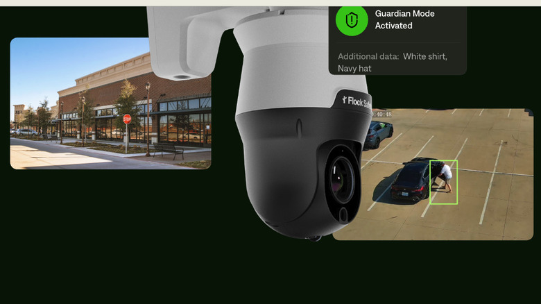 A screenshot of Flock's webpage touting the Guardian mode that records data of a human approaching the car and taking note of the "white shirt, navy hat" worn by the indivdual.