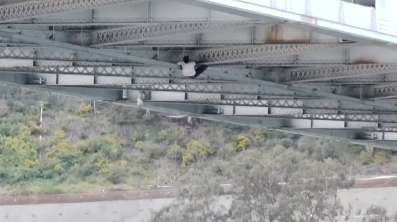 A car thief climbs on the crossbeams underneath the Bay Bridge.