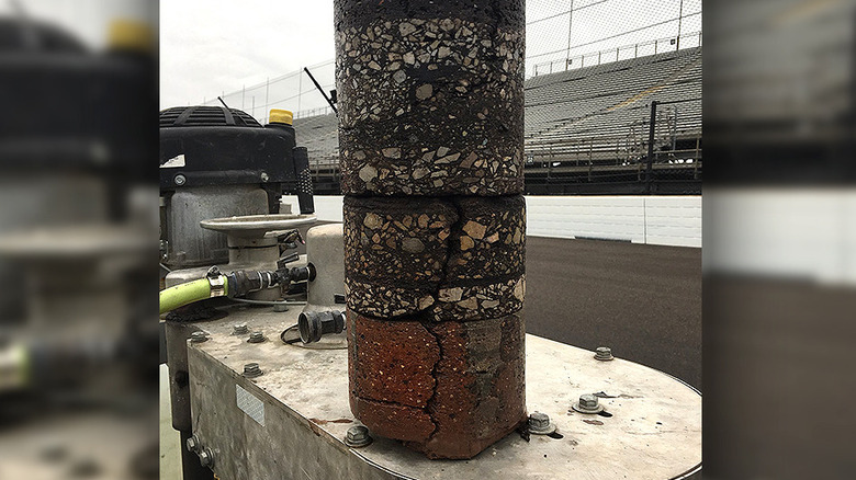 A core sample taken from the racing surface at the Indianapolis Motor Speedway
