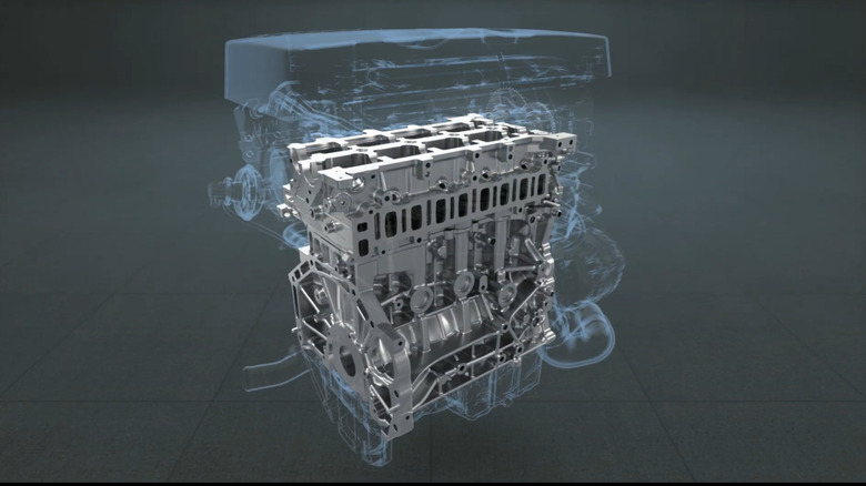A semi-transparent render of a Maruti Suzuki E15A 1.5-liter diesel engine