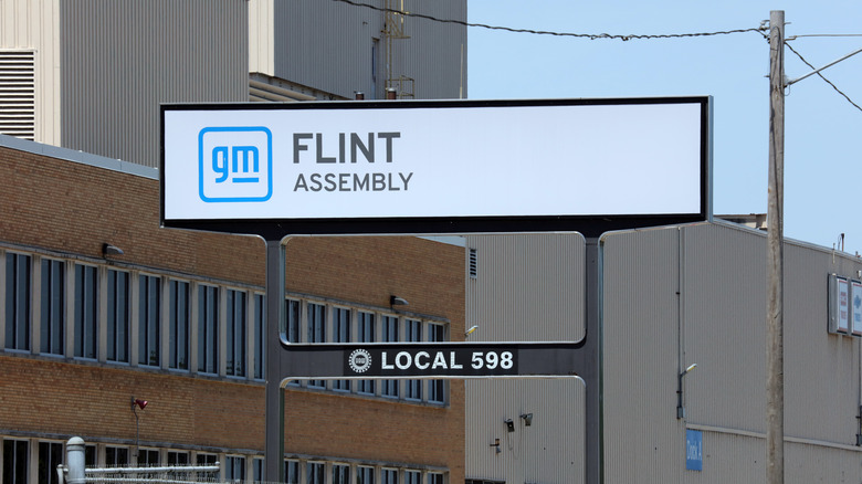 The exterior of the General Motors assembly plant. Flint Assembly is an automobile factory operated by General Motors in Flint, Michigan