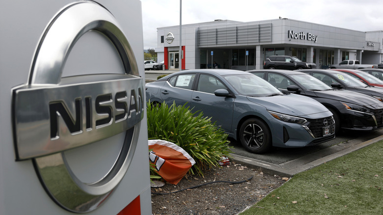 Brand new Nissan cars are displayed on the sales lot at North Bay Nissan on April 17, 2025 in Petaluma, California