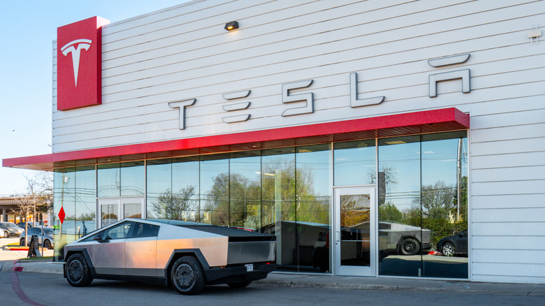 A Tesla Cybertruck parked outside a Tesla store in Austin, Texas.