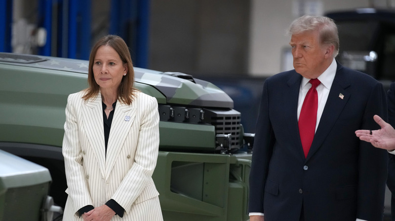 GM CEO Mary Barra gives a tour to U.S. President Donald Trump at General Motors' Milford Proving Grounds on July 27, 2026 in Milford, Michigan