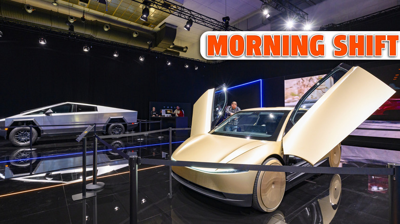 BRUSSELS, BELGIUM - JANUARY 10: Tesla Cybercab or Robotaxi two-passenger battery-electric self-driving car and Tesla Cybertruck battery electric pickup truck on display at the 2025 Autosalon on January 10, 2025 in Brussels, Belgium. (Photo by Sjoerd van der Wal/Getty Images)