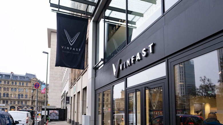 Advertising banners of Vinfast, showroom vingroup Sales Office, emblem, concept Advertising and Marketing in Automotive Industry, Vietnamese automobile manufacturer, Frankfurt