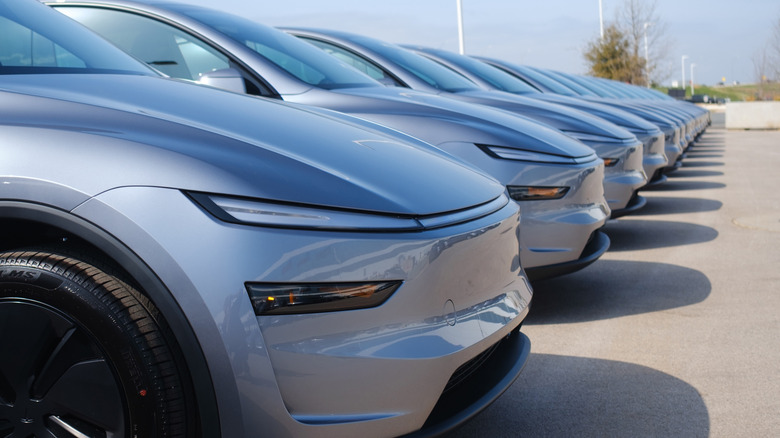 A row of silver Tesla Model Ys in a parking lot