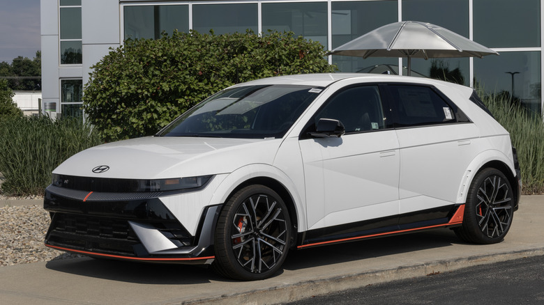 Noblesville - July 6, 2025: Hyundai Ioniq 5 N AWD EV electric SUV display. Hyundai offers the IONIQ5 with up to 211 miles of driving range. MY:2025