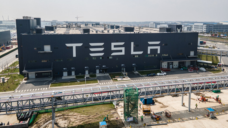 An aerial view of Tesla Shanghai Gigafactory on March 29, 2021 in Shanghai, China. Tesla Shanghai Gigafactory is reportedly producing vehicles at a rate of about 450,000 cars per year.